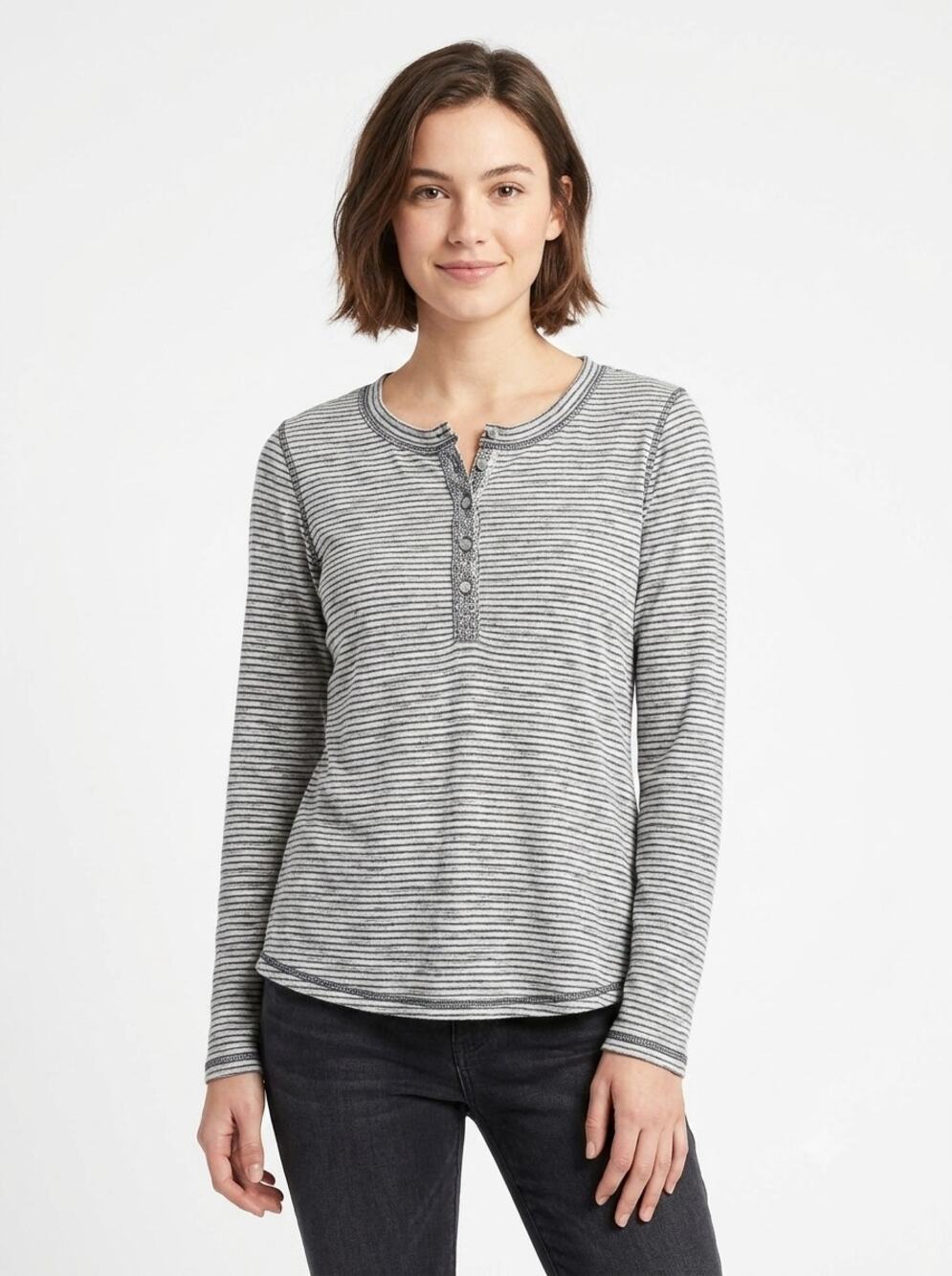 Sundance Cool Escape Henley Top Womens L Gray Blue Striped Embroidered Placket